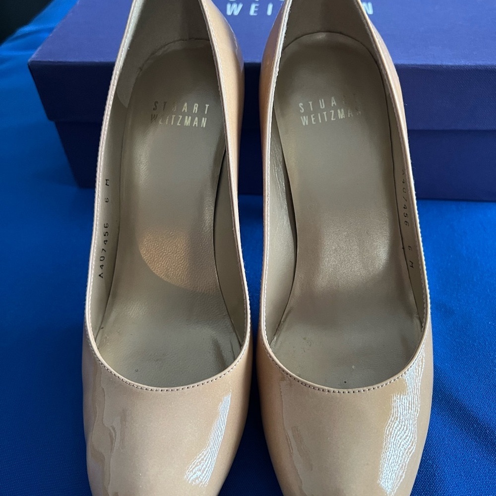 Stuart Weitzman Tan Heels Classic Patent Pumps